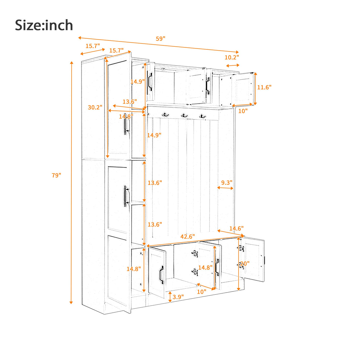 Merax Farmhouse Wood Hall Tree with Shoe Bench & 6 Cabinets, 4-in-1 Coat Rack with 4 Hooks & Adjustable Shelves, Entryway Storage Organizer Cabinet for Entrance, Hallway, Mudroom White Merax