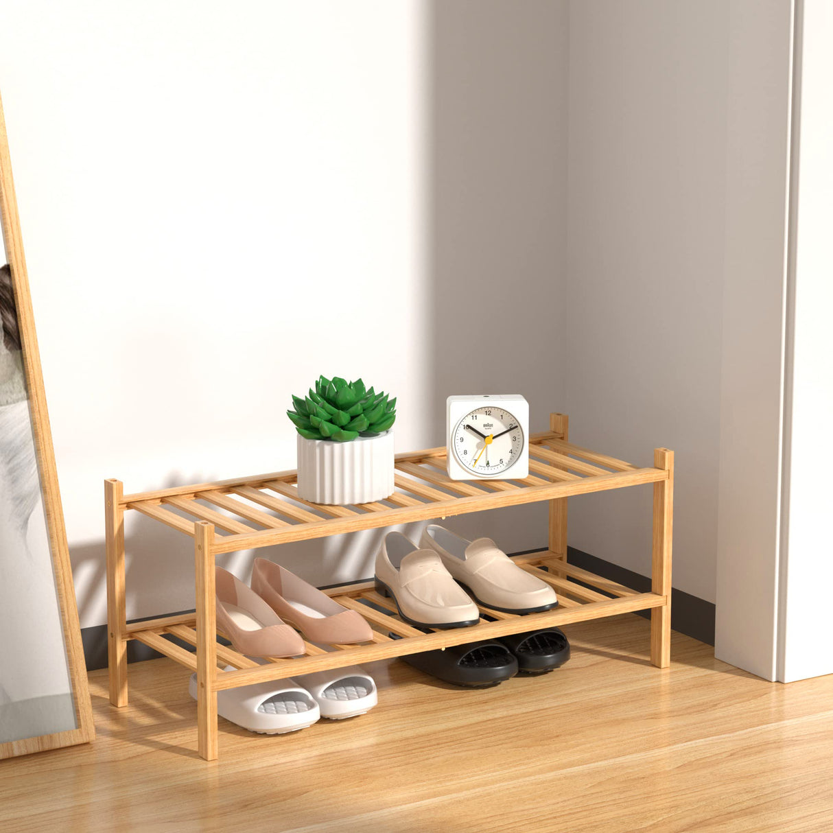 RONGJIA 2 Tier Bamboo Shoe Rack for Closet Free Standing Wood Shoe Shelf Storage Organizer for Entryway Small Space Stackable, Natural RONGJIA
