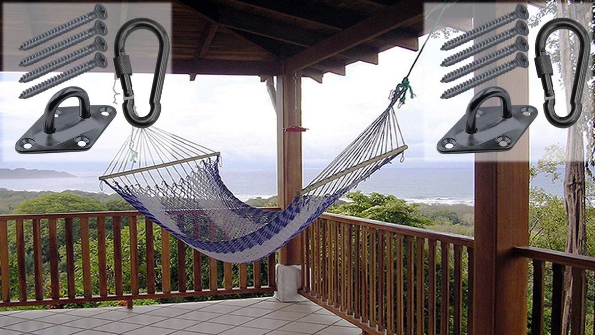 Branded Boards Heavy Duty Black or Silver 1000lb Load Hammock Hanging Kits with Locking Carabiner Snap Hooks, for Trees, Ceilings, Walls, Porches, Posts (Diamond-Plate-Hammock-Kit-Black) Branded Boards