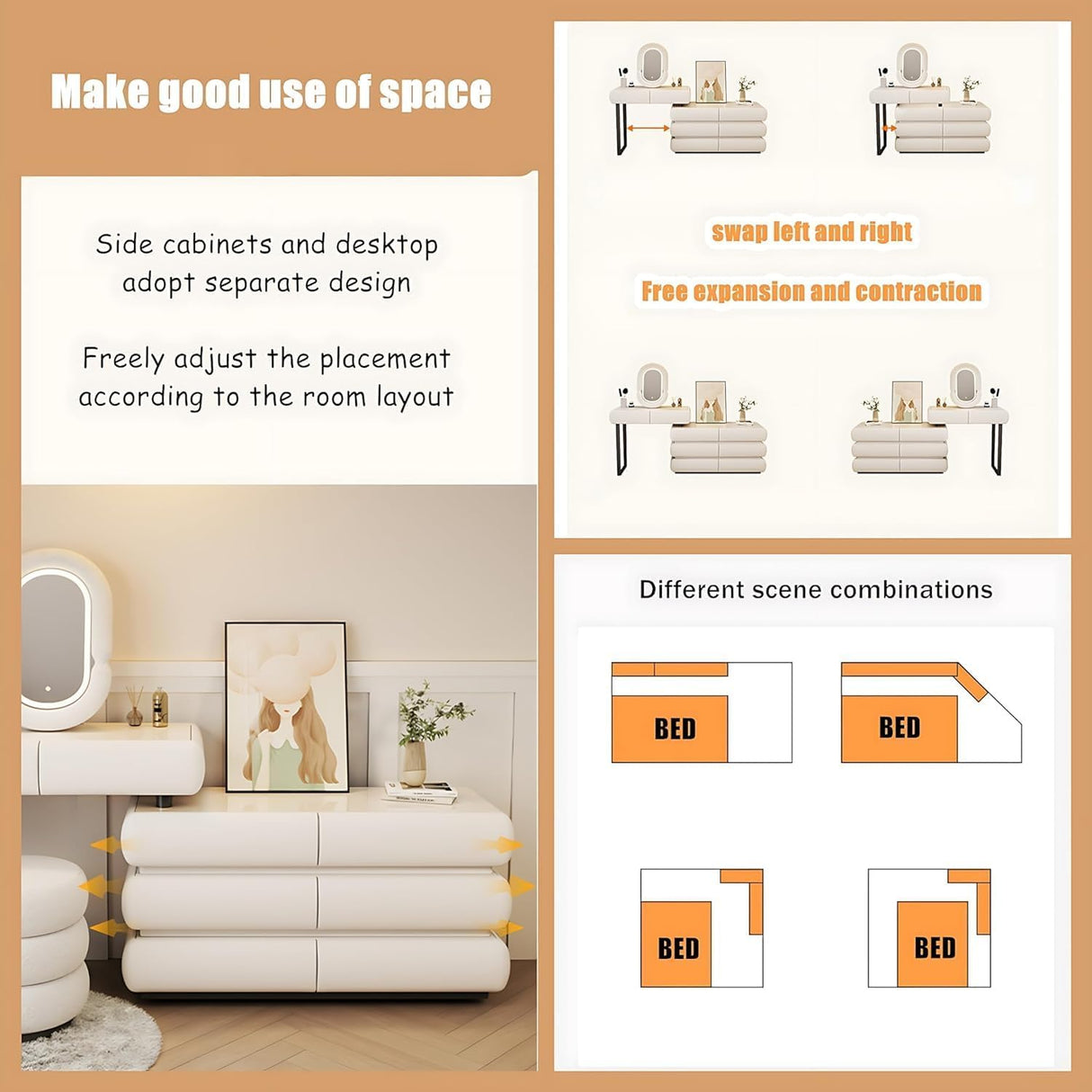 Pesnllov Vanity Set - Makeup Vanity Desk with Drawer & LED Makeup Mirror, Elegant Solid Wood Bedroom Vanity Table, Including Chair. (A-White, 47") Pesnllov