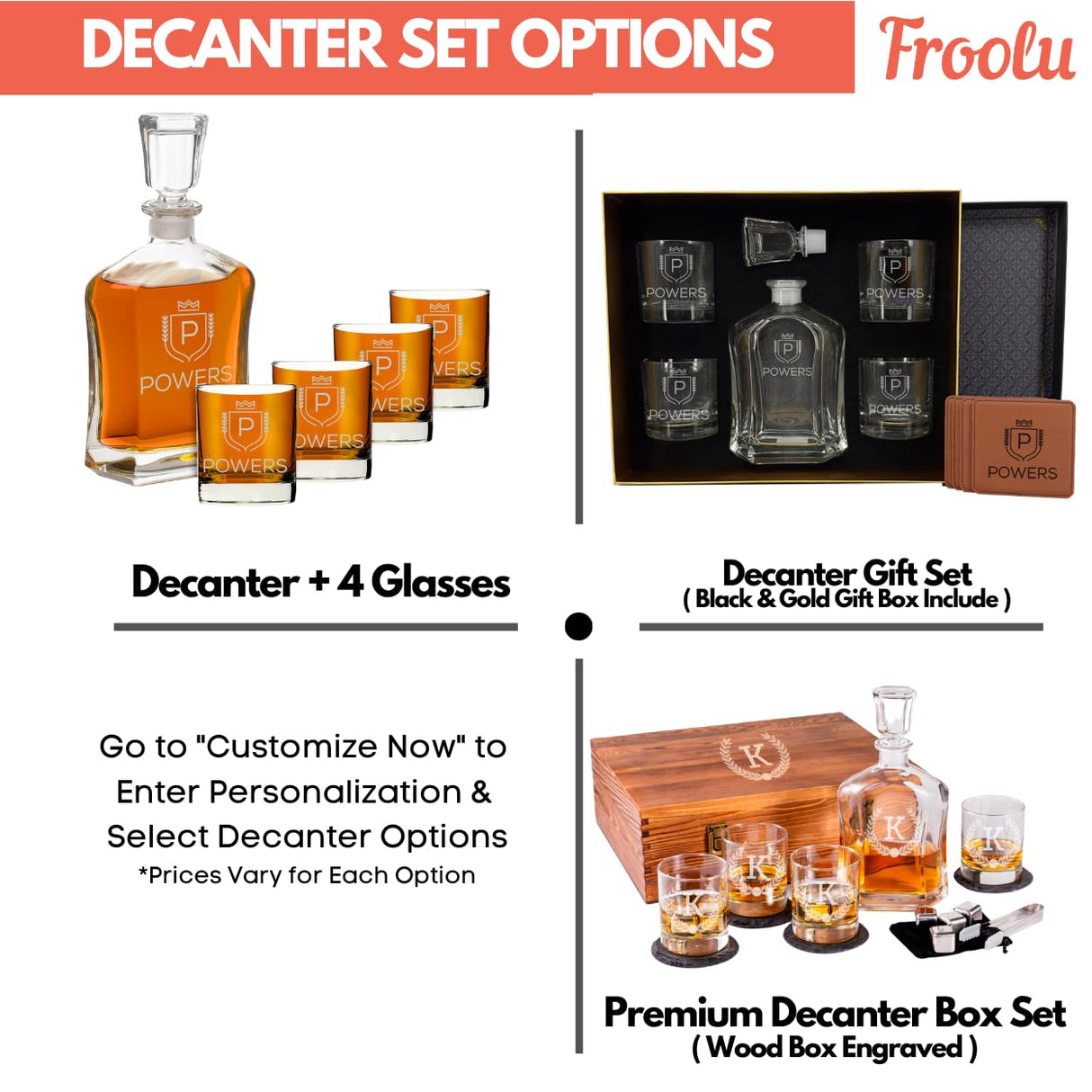 Engraved Liquor Whiskey Decanter Set with Scotch Glasses for Men - 9 Design Options - Personalized Gift Set for Him, Dad - Premium Set Includes Whiskey Stones - Christmas, Valentines - by Froolu Froolu