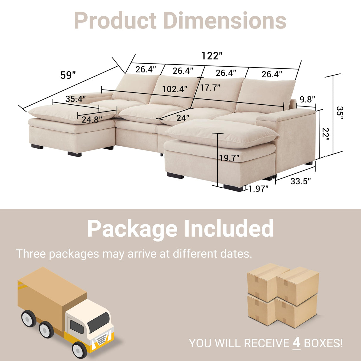 N NOORDENIYA 122″ Oversized Modular Sectional Sofa with Movable Ottoman, 6-Seat Deep Seat Sofa with Armrest Storage, Convertible U Shaped Couch for Living Room, Bedroom and Apartment, Terry, Beige N NOORDENIYA