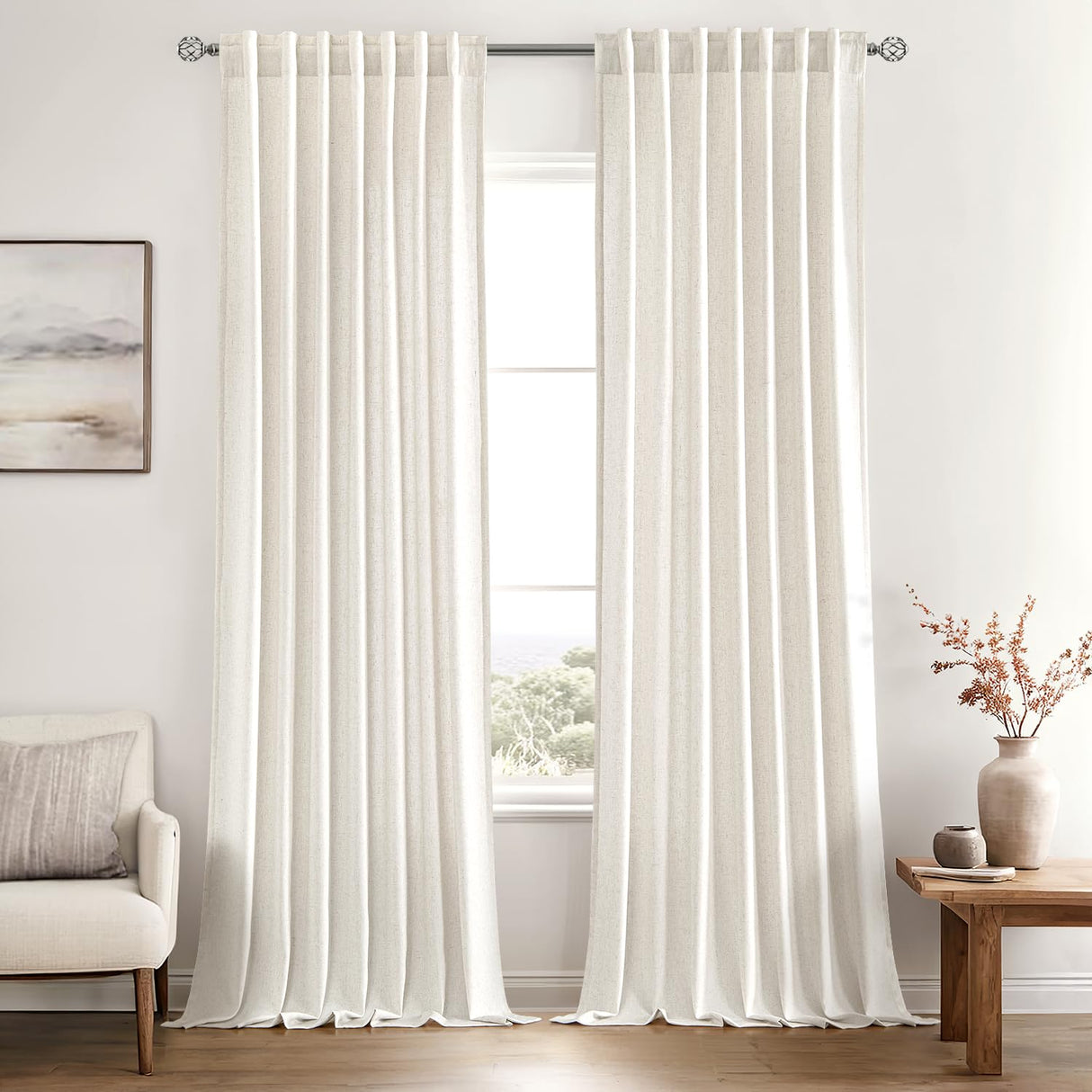 MIULEE Non-See-Through Privacy Linen Curtains 2 Panels, Light Filtering Window Curtains Farmhouse Textured Back Tab Semi Sheer Drapes for Bedroom Living Room, 52 x 84 Inches Long, Natural White MIULEE
