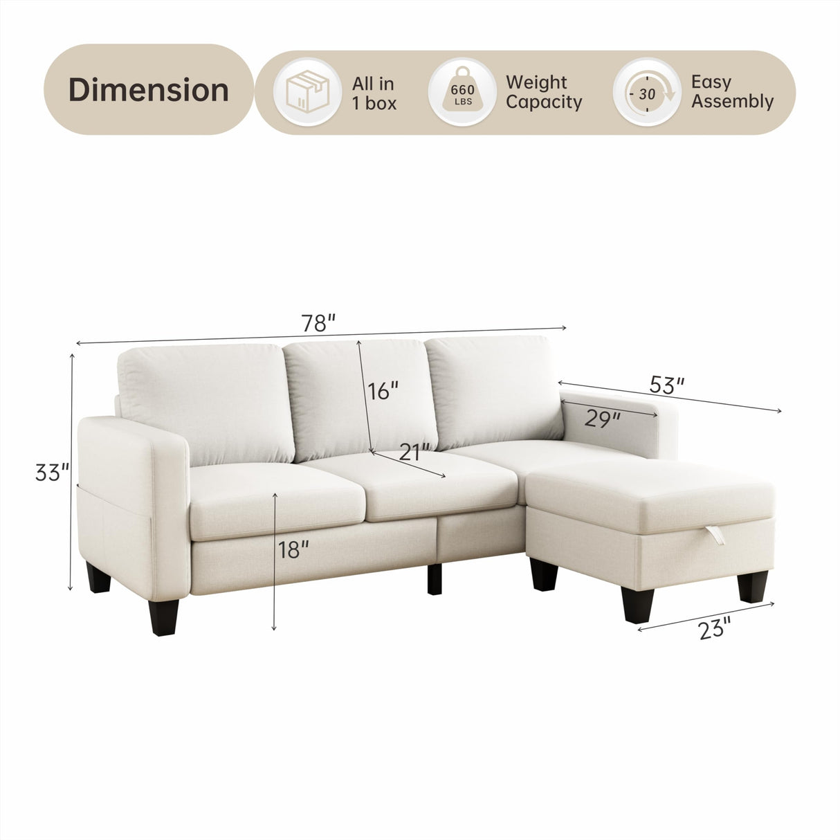 Lonkwa Sectional Sofa Couches for Living Room, 78'' Beige 3 Seater L-Shaped Couch with Storage Ottoman, Comfy Fabric Convertible Sectionals Sofas with Chaise for Apartment, Office, Small Space Lonkwa