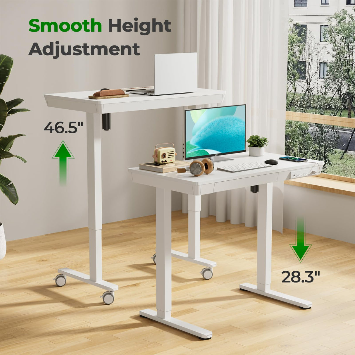 JYLH JOYSEEKER Small Standing Desk with Drawer, 35" x 20" Whole Piece Tabletop Electric Sit Stand Desk, Height Adjustable Desk with Storage & USB Ports, Quick Install Home Office Computer Desk, White JYLH JOYSEEKER
