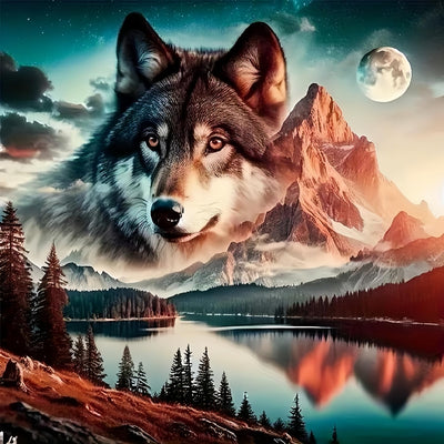 5D Diamond Art Kits for Adults Beginners, Wolf DIY Full Round Drill Diamond Painting Kits,Lake Forest Paint by Diamonds Dots Gem Art Easy,Home Wall Decor 14X14 Inch