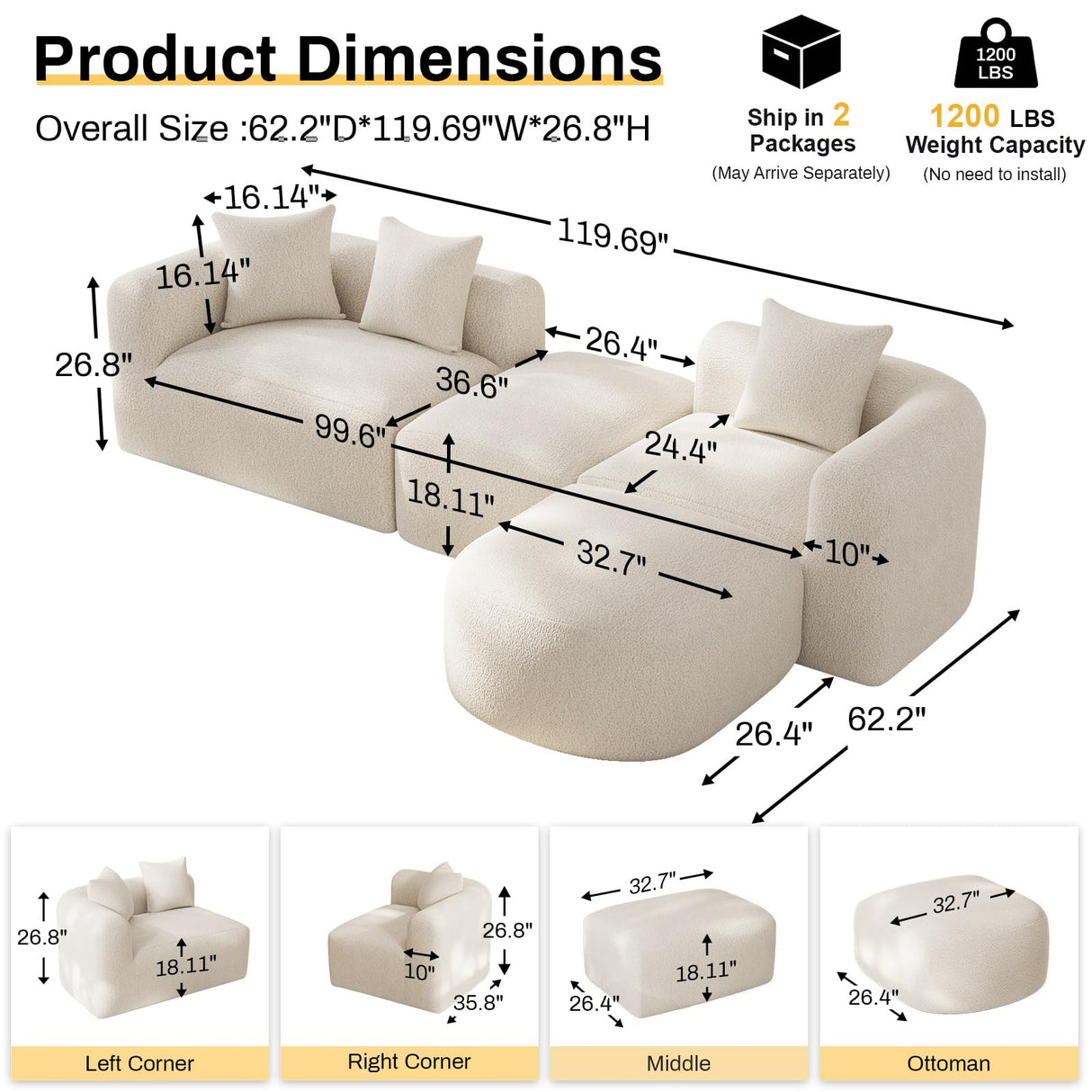 OUYESSIR Modern Oversized Curved Sectional Sofa for Living Room, 119" Luxury Plush Chenille Convertible Modular Sectional Sofas with Ottoman,Minimalist L-Shape Curved Cloud Couch, Cream White OUYESSIR