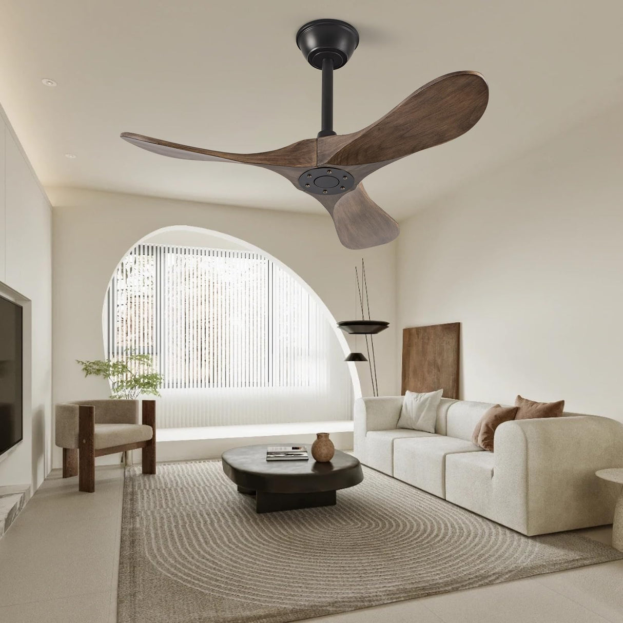 QWO 36" Outdoor Ceiling Fan No Light,Solid Wood Small Bedroom Ceiling Fans Without Lights, Outdoor Ceiling Fans For Patios, Porch and Living room,High Cfm DC 3 Blade Modern Ceiling Fan With Remote QWO