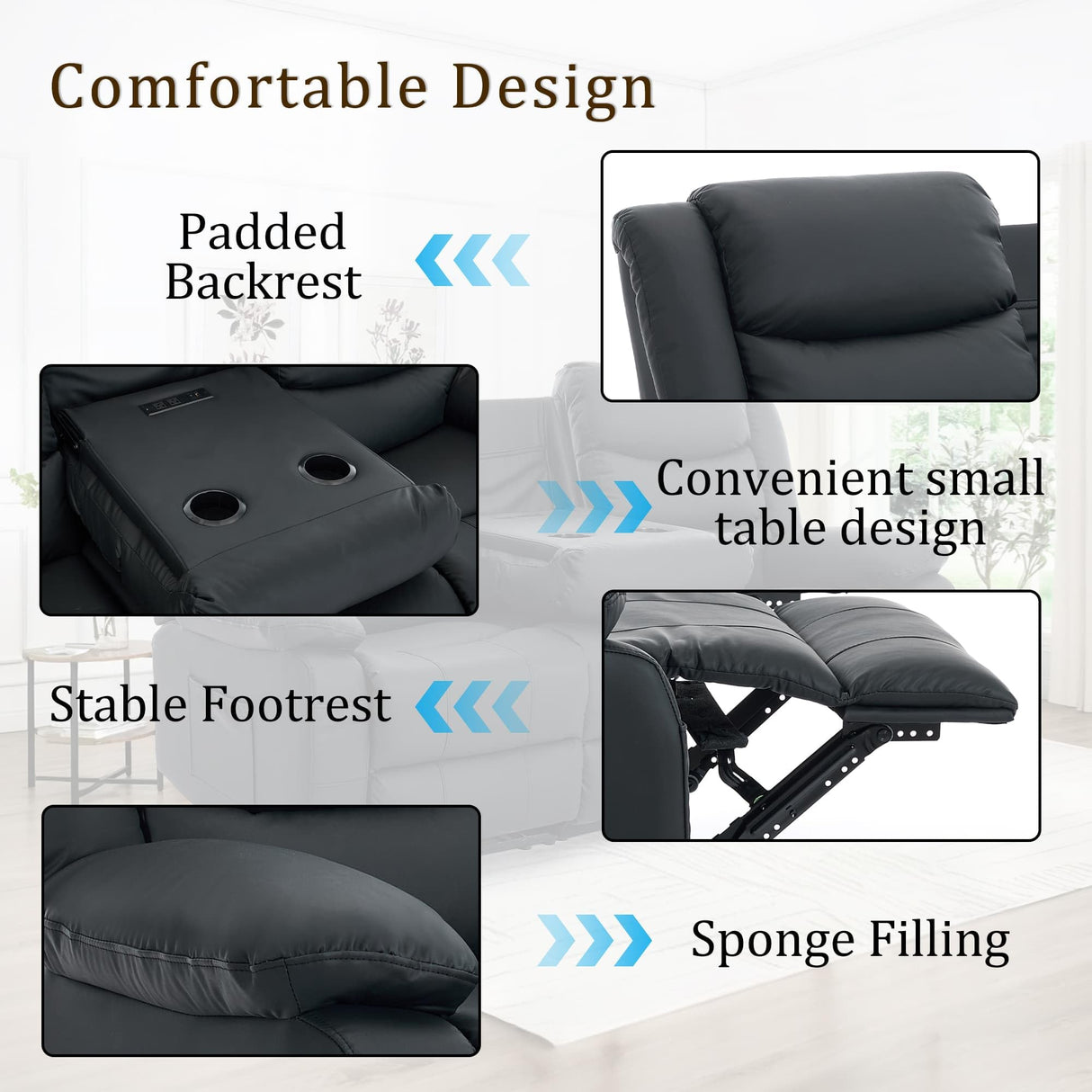 Korser Recliner Sofa, Reclining Loveseat with Console, Oversized Reclining Couch with Drop Down Table, 3-Seater Leather Sofa with Cup Holder and Recessed Power Strip, Black Korser