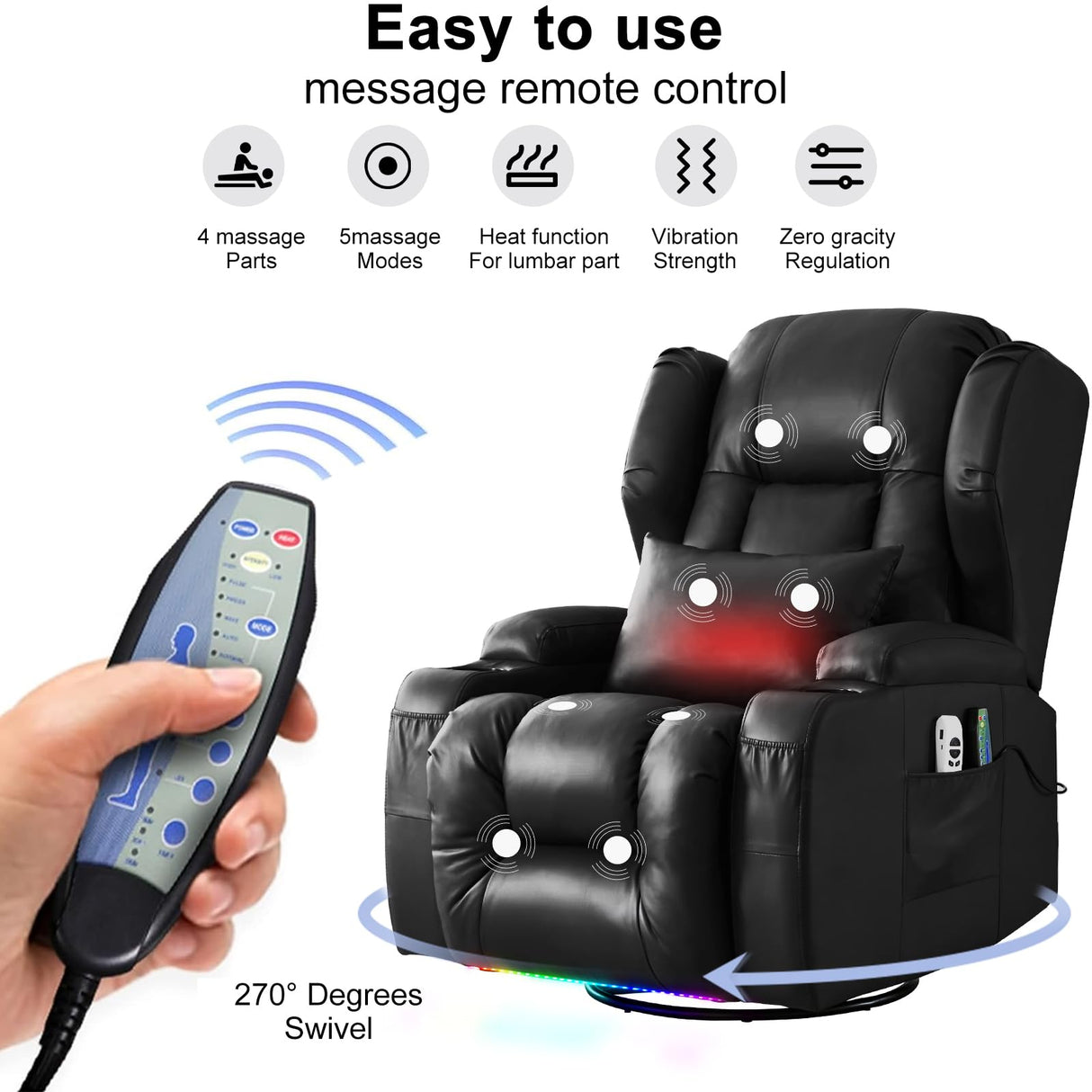 Oprisen Power Swivel Rocker Recliner Chair Home Theater Seating Electronic Glider Chair Upholstered Movie Gaming Reclining Sofa w/Heat Massage/LED Light/USB Port/Cup Holders/Pockets Oprisen