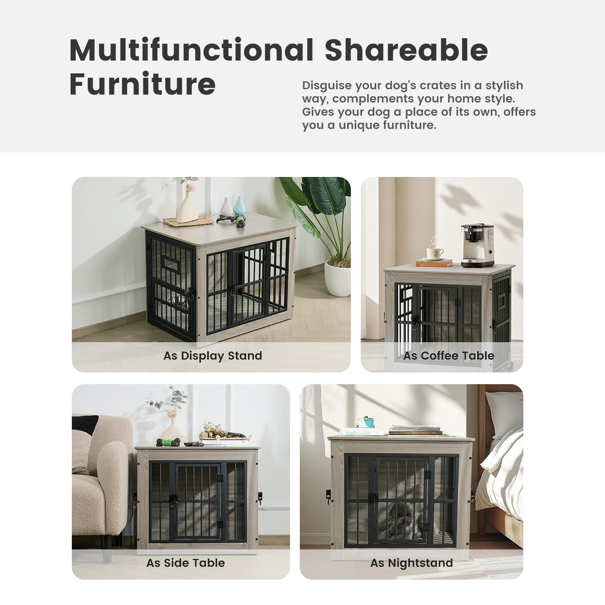 Gardner Pet Dog Crate Furniture for Medium Dogs, 32.7 Inch Dog Kennel Indoor, Wooden Dog Cage End Table with 2 Removable Bowls, Heavy Duty Dog Crate, Rustic Grey Gardner Pet