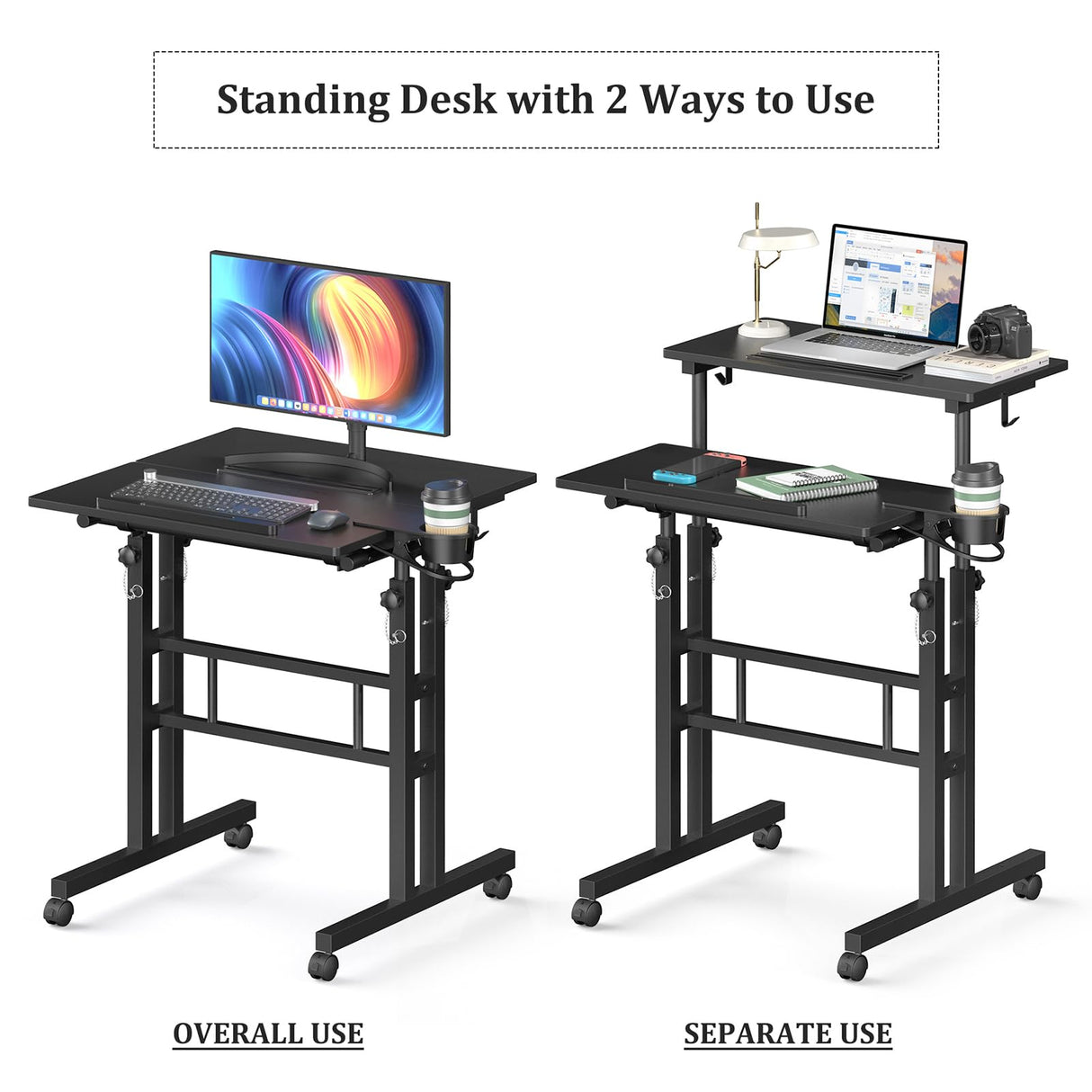 Enayplon Small Standing Desk with Wheels, Mobile Stand Up Desk, Portable Standing Table on Wheels for Walking Pad, Rolling Computer Desk Adjustable Height, Tall Table Enayplon