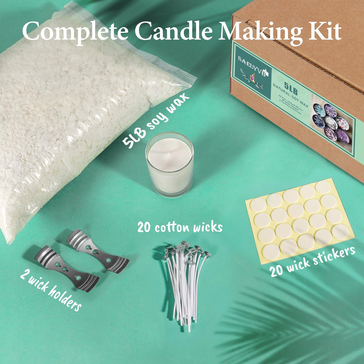 SAEUYVB Soy Candle Wax for Candle Making - Natural Soy Wax Flakes 5 lbs Bag, 20 Cotton Candle Wicks, 20 Wick Stickers & 2 Centering Devices SAEUYVB