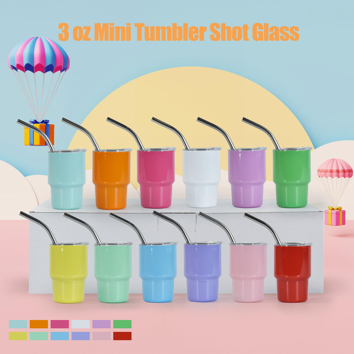 FECBK 3 oz Mini Tumbler Shot Glass with Straw and Lid 12 Pcs Sublimation Shot Glasses Tumblers Stainless Steel Mini Shot Glasses with Lids for Wedding Party Whiskey Cocktail Bar, 12 Colored FECBK