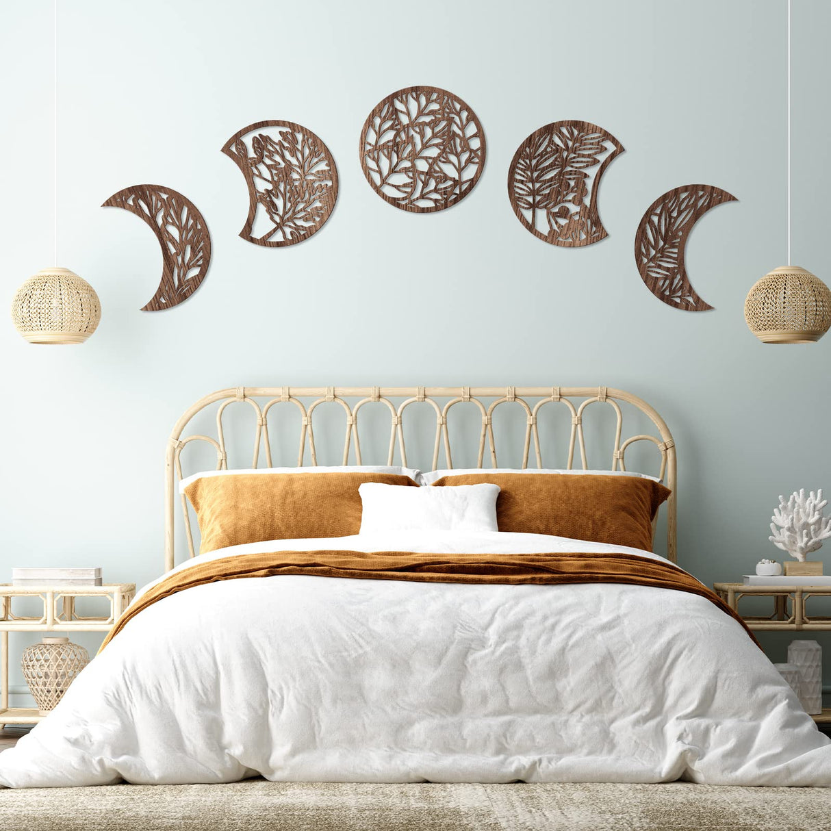 Jetec 5 Pcs Moon Phase Wall Decor Hanging Wooden Moon Phase Wall Art Nordic Art Boho Decor for Room Bar Ornament(Brown,10.6 Inch) Jetec