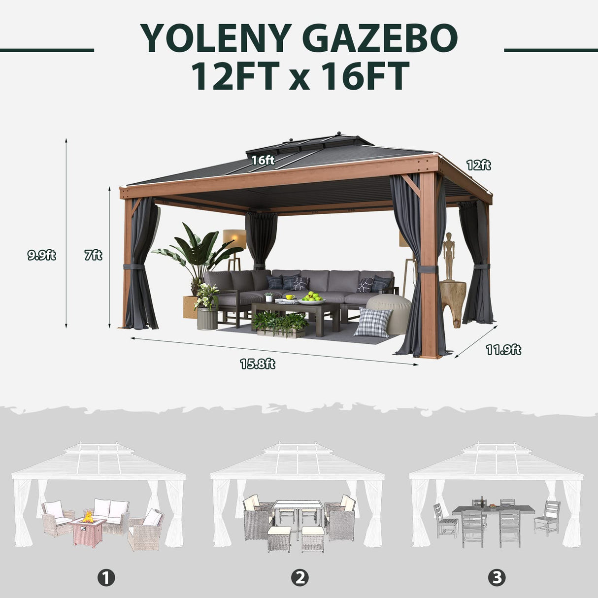 YOLENY 12' x 16' Hardtop Gazebo Faux Wood Grain Metal Gazebo with Aluminum Frame, Galvanized Steel Double Roof, Outdoor Patio Gazebo Pergolas with Netting and Curtains for Backyard, Patio, Lawns YOLENY