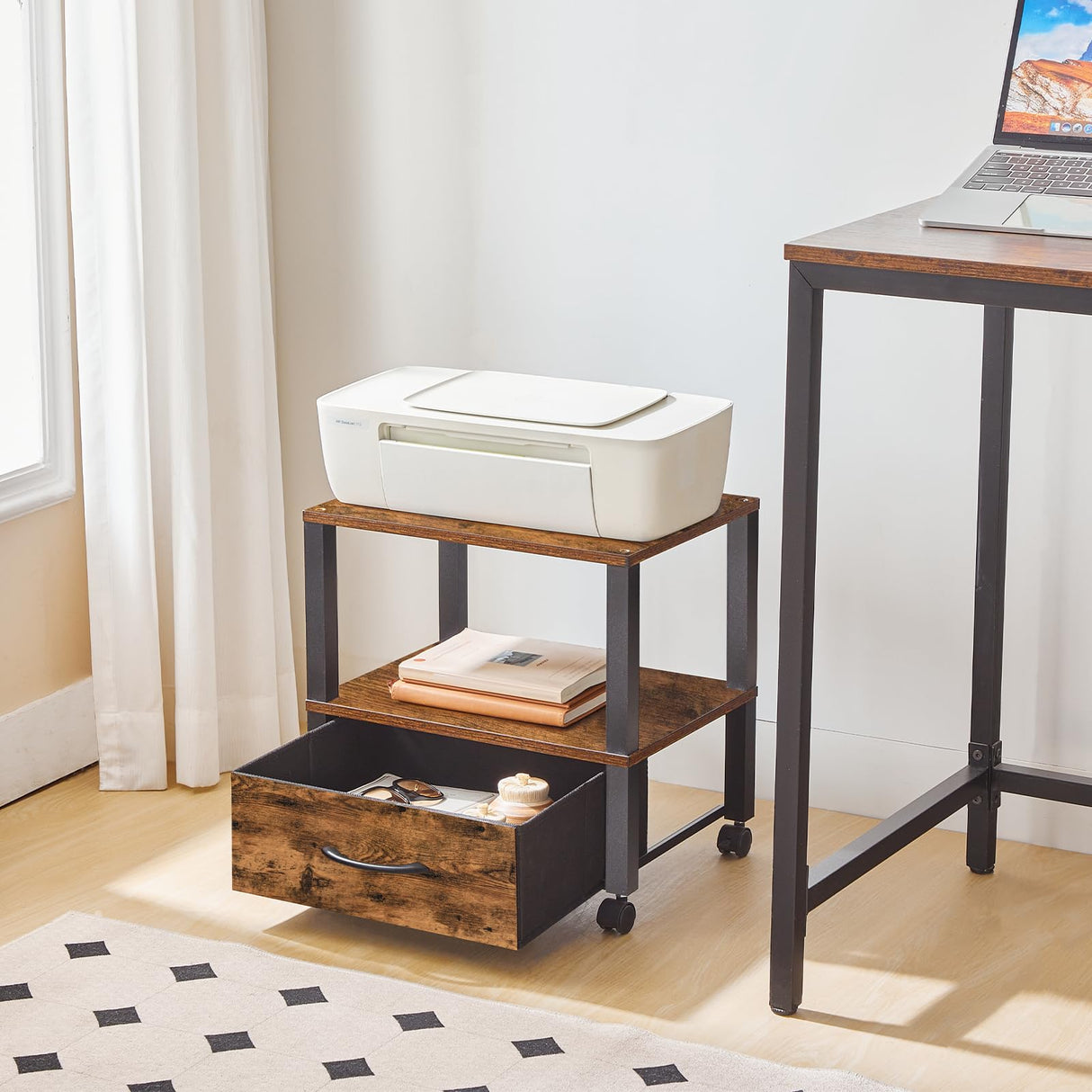 HOOBRO Printer Stand, Printer Stand with Storage, Under Desk Printer Table, Printer Cart with Drawer and Shelves, Rolling Small Printer Stand on Wheels, for Office, Rustic Brown and Black BF39PS01 HOOBRO