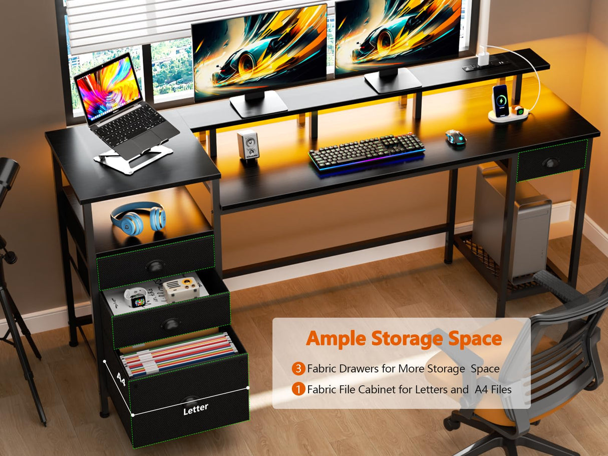 Furologee Black Computer Desk with 4 Drawers, 60" Long Office Desk with Fabric File Cabinet and Power Outlets, Gaming Desk with LED Lights, Study Writing Work Desk for Home Office Furologee