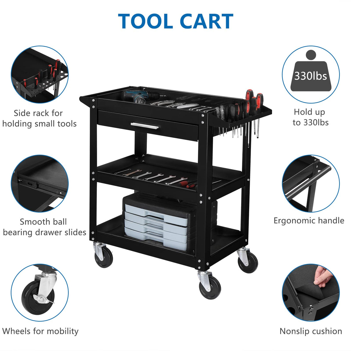 TUFFIOM 3 Tier Rolling Tool Cart with Drawer, Tool Service Cart on Wheels w/2 Brake, 330 LBS Capacity Industrial Heavy Duty Utility Cart, Tool Organizer for Mechanic, Garage, Warehouse & Repair Shop TUFFIOM