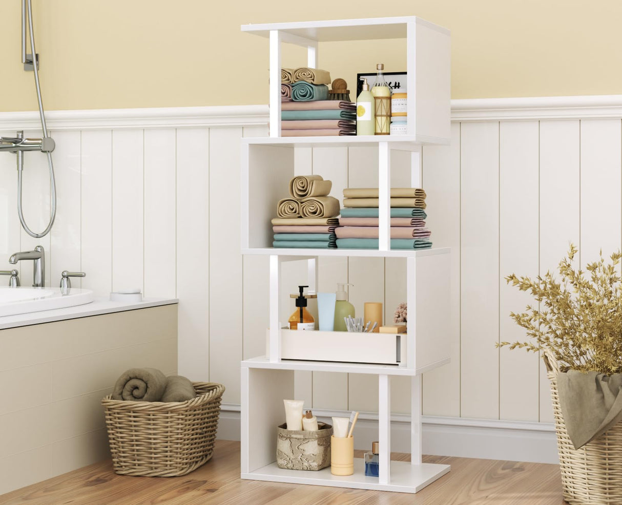 Furologee White Geometric Bookshelf with LED Light, 5 Tier S-Shaped Small Bookcase, Modern Display Standing Shelf, Metal Wooden Decorative Storage Shelves for Bedroom, Living Room, Office Furologee