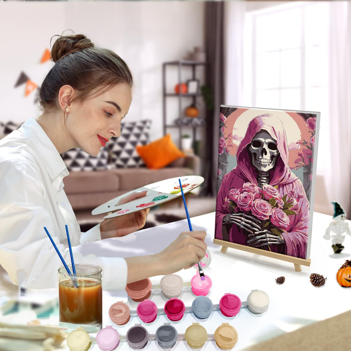 HeeBenor Skeleton Paint by Numbers Kit for Adults with Frame, Rose Skull Paint by Number with Easel, DIY Easy Adult Paint by Number Kits on Canvas Framed 8x12 Inch for Home Wall Decor HeeBenor