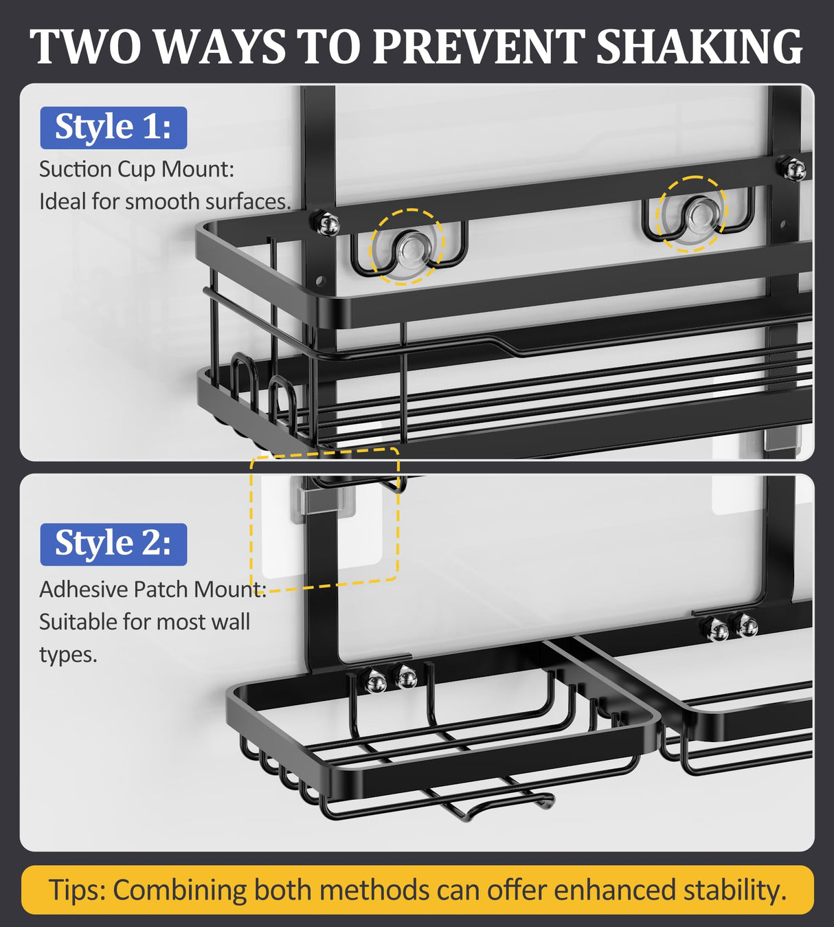 OMAIRA Shower Caddy Hanging with Soap Scrub Holder, Stainless Steel Adjustable No Drilling Non-Slip Large Capacity Sturdy Over Shower Head Shower Organizer Inside Shelves Bathroom Storage Rack, Black OMAIRA