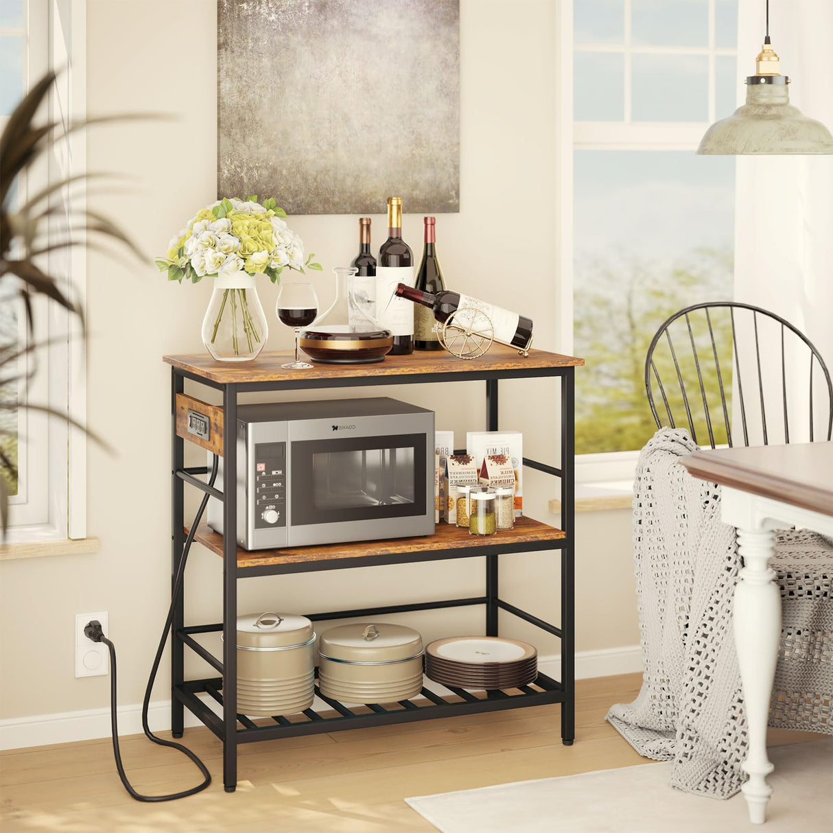 IBUYKE Kitchen Island with Storage, Bakers Rack with Power Outlet,Microwave Stand with Large Worktop,Rolling Bar Cart for Home, Outdoor, Kitchen,Rustic Brown and Black TMJ029H IBUYKE