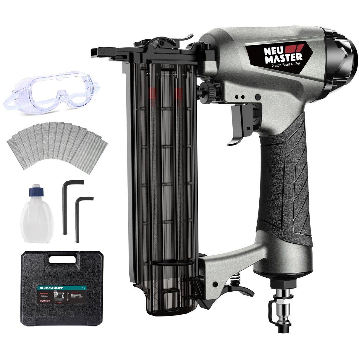 NEU MASTER Pneumatic Brad Nailer, 18 Gauge Nail Gun Fires 5/8-Inch to 2-Inch Brad Nails with Carrying Case, Safety Glasses, 800pcs Nails NEU MASTER
