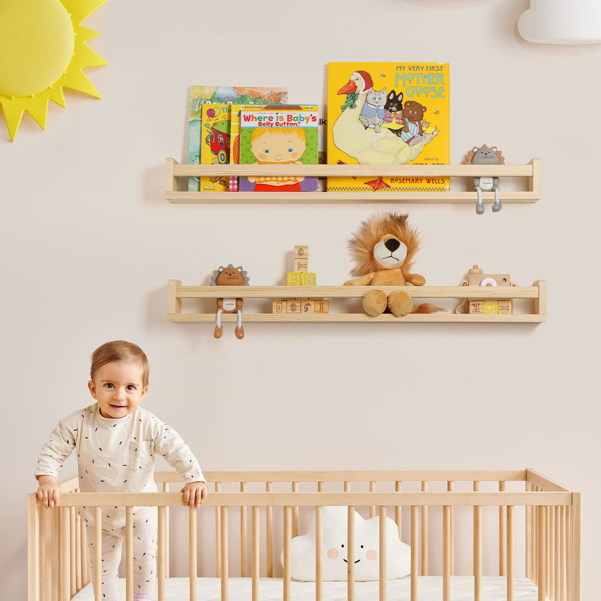 Fun Memories Nursery Book Shelves - Rustic Natural Solid Wood Floating Bookshelf for Kids - Wall Book Shelves for Kids Room (Natural, 32inch - 2P) Fun Memories