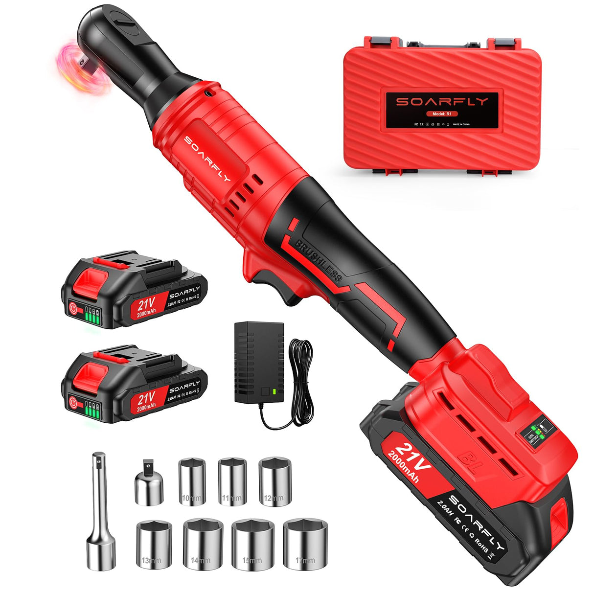 Cordless Electric Ratchet Wrench Set 3/8", Upgraded 60 Ft-lbs 21V Powerful Ratchet Tool Kit, With LED Light Cordless Ratchet,Variable Speed,7 Sockets, 3" Extension Bar, 1/4" Adapter, 2*2000mAh Battery SOARFLY