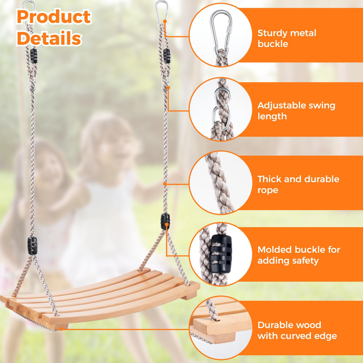 Wooden Tree Swing,Wooden Swing for Adults/Kids with 500lbs Load Capacity,Adjustable Hemp Rope Plus Tree Straps 100 inch, Hanging Wooden Swing for Indoor, Outdoor, Garden,Yard,Backyard (Curved Wooden) GEKMOR