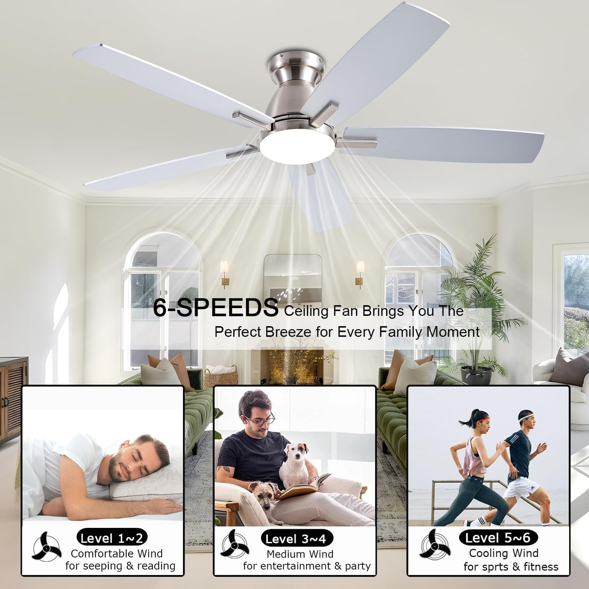 NKPU Ceiling Fans with Lights, 52 Inch Low Profile Ceiling Fan with Light and Remote Control, Flush Mount, DC Reversible Motor, Dimmable LED Ceiling Fans for Bedroom,Indoor/Outdoor Patio Use(Nickel) NKPU