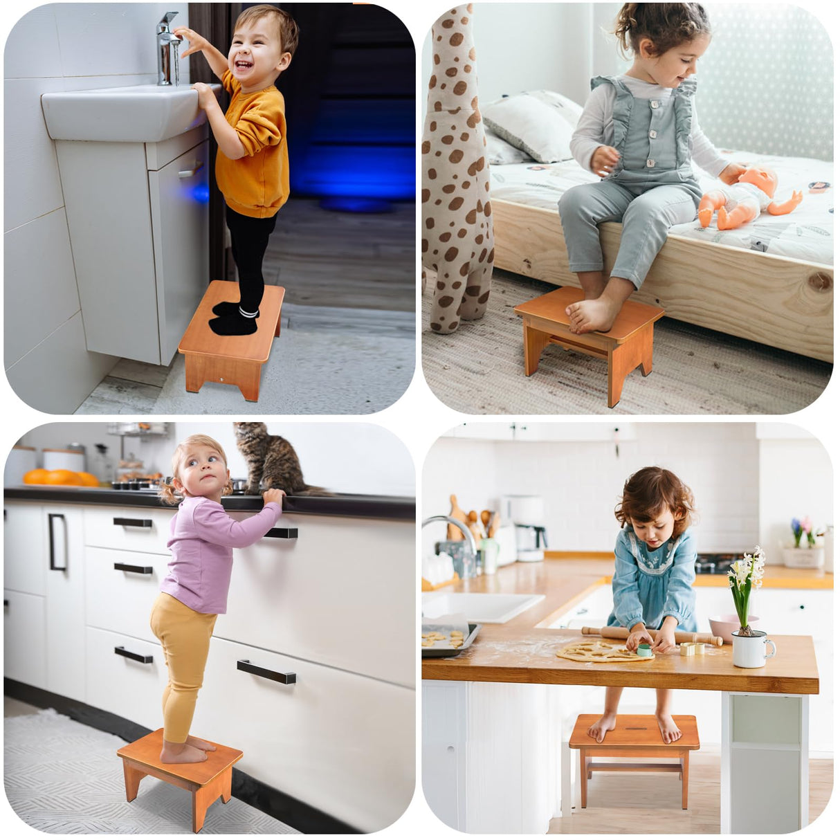 Wooden Step Stool for Adults,9.1''High One Step Stool for High Bed/Kitchen Riser,550 Lbs Beside Step Stool for Elderly Kids-Sturdy/Durable Footstool,Nonslip Stepping Stool for Bedroom/Kitchen/Bathroom HouseJoy