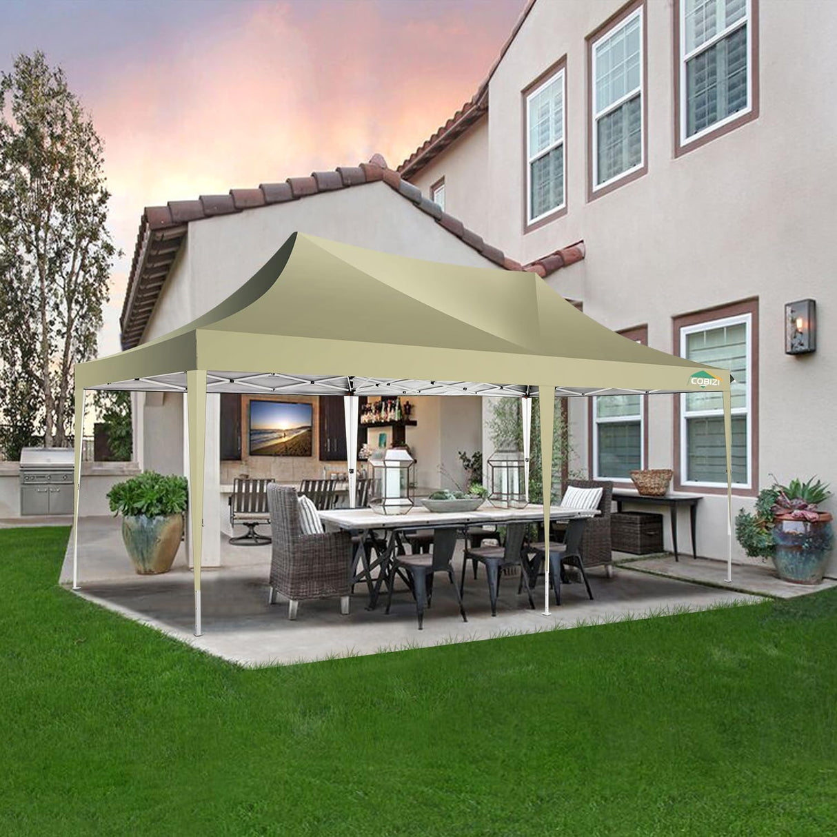 COBIZI 10x20 Pop Up Canopy Tent with Sidewalls,Party Tent Outdoor Gazebos, Waterproof & UV50+,3 Adjustable Heights,Higher Frame Design - Extra Tall for Parties Backyard,Weddings,Markets,(Khaki) COBIZI