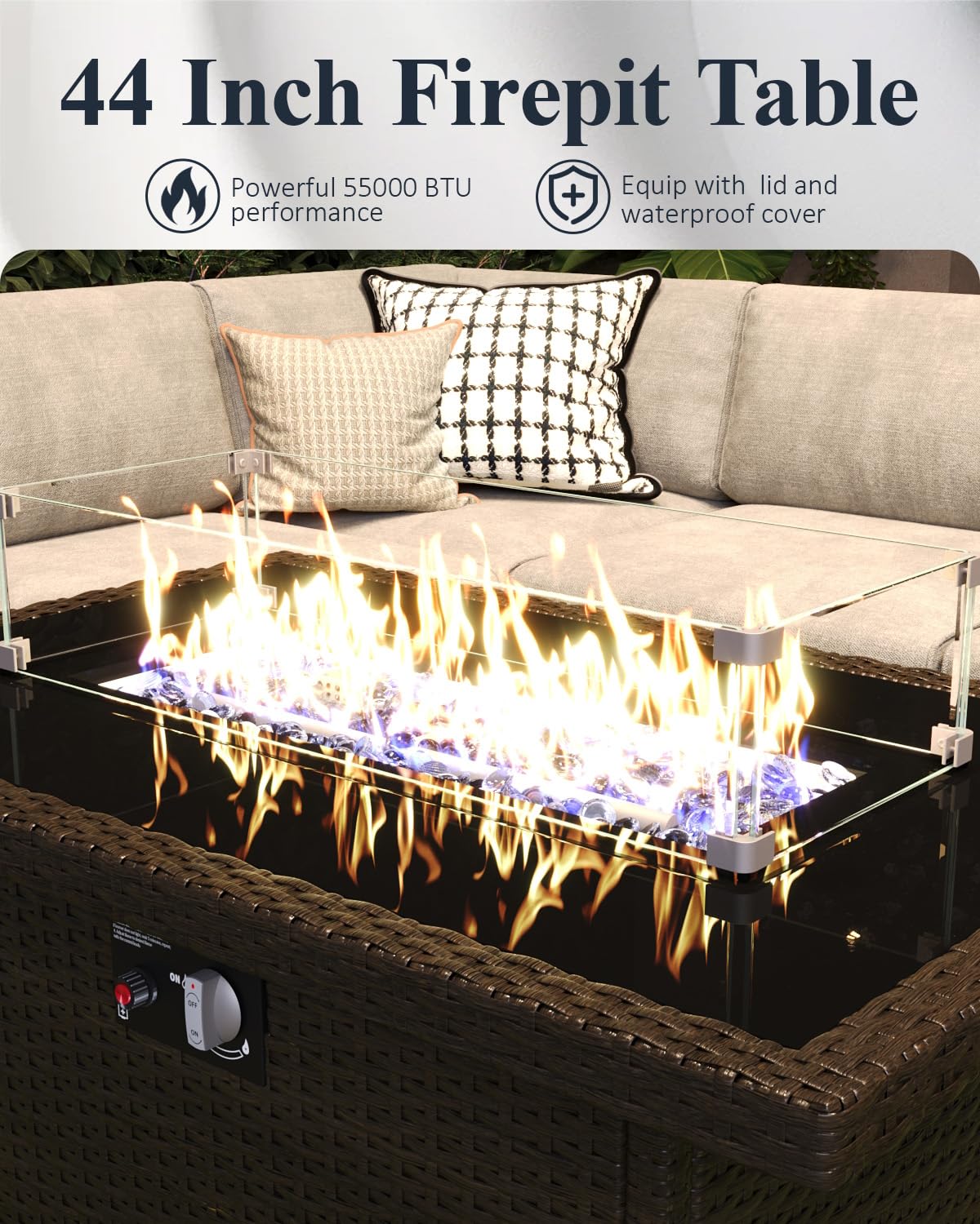 LayinSun 7-Piece Outdoor Modular Wicker Sectional Sofa with Fire Pit Table, Patio Furniture Conversation Set with Deep Seating and Thick Cushions LayinSun