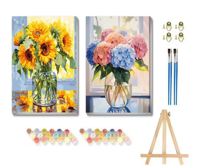 uuxsretaio 2 Pack Flower Paint by Numbers for Adults. Hydrangea and Sunflower Paint by Number on Canvas with Frame, DIY Flowers in a vase Oil Painting for Present Home Wall Decor 8X12 Inch