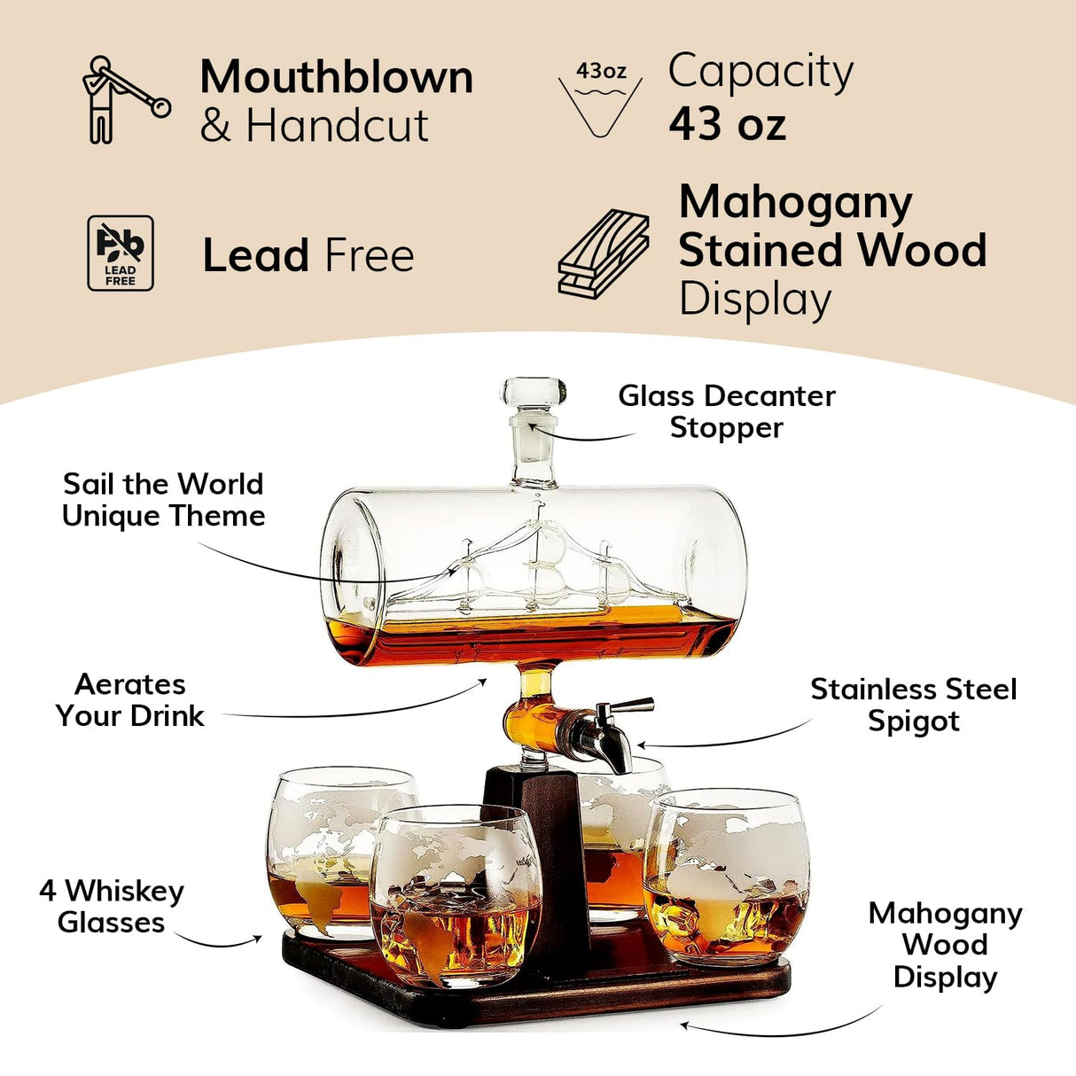 Whiskey Decanter Globe Set with 4 Etched Whiskey Glasses - for Liquor Scotch Bourbon Vodka, Gifts For Men - 1250ml Unique Ship Sails Set for Home Bar, Bourbon, Birthday Gift for Dad The Wine Savant