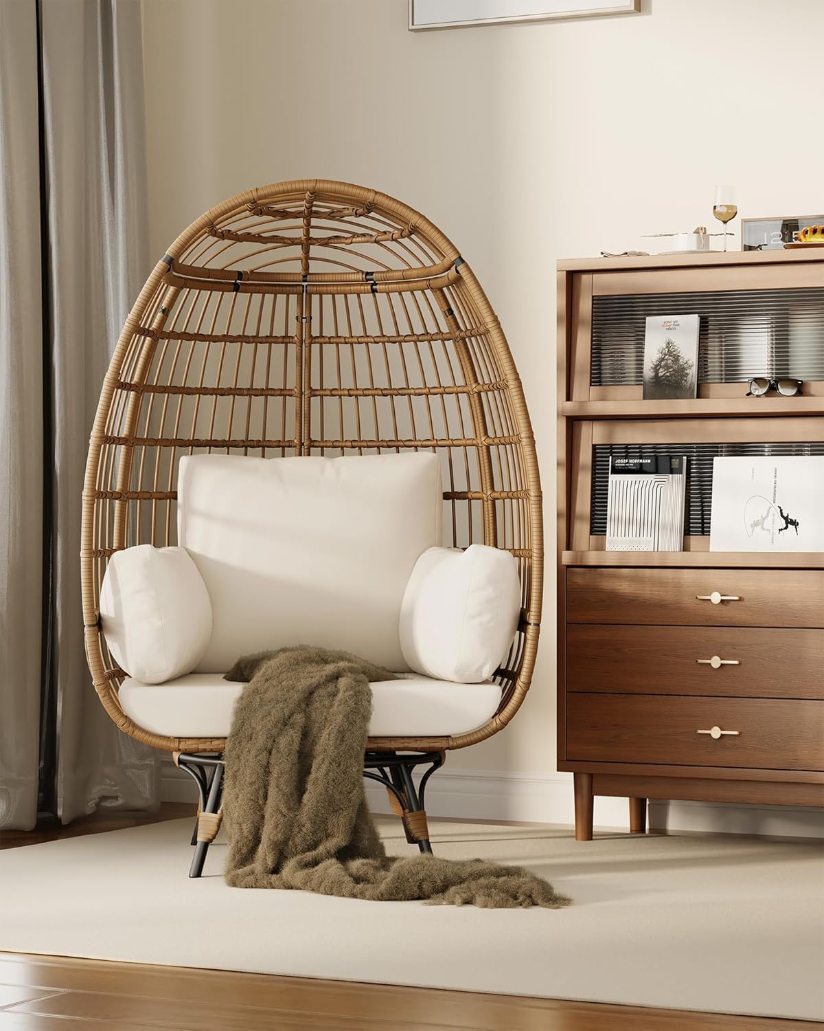 FinerFurnis Outdoor 360° Swivel Egg Chair - Oversized Egg-Shaped Lounge Chair, Steel Frame, 4 Thick Cushions, Patio Rotating Wicker Egg Basket, Indoor Outdoor Porch Living Room, Beige FinerFurnis