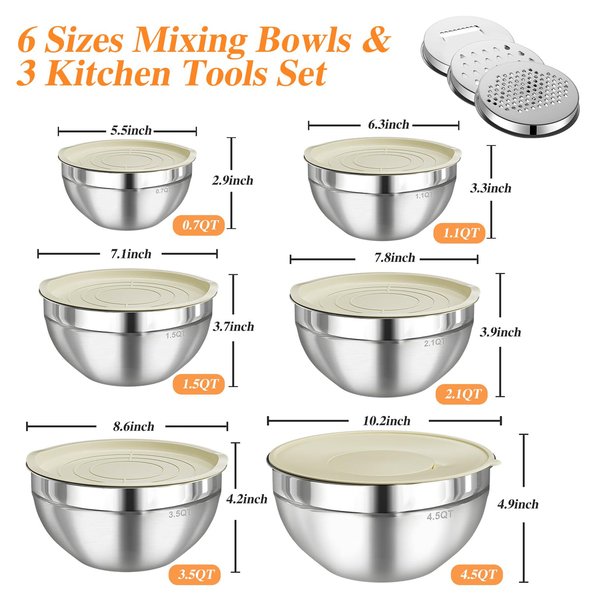 Winproper Mixing Bowls with Lids Set, 6 PCS Stainless Steel Mixing Bowls with 3 Grater Attachments, Kitchen Food Storage Organizers Nesting Mixing Bowl, Large Size 4.5, 3.5, 2.1, 1.5, 1.1, 0.7QT Winproper