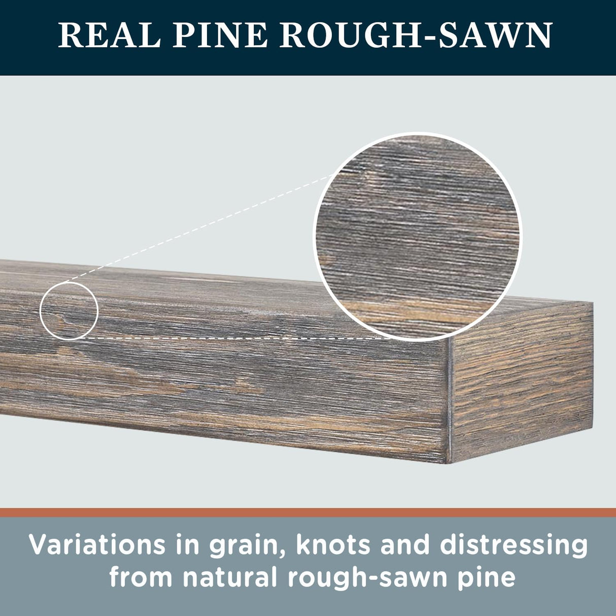 MANTELSDIRECT Vail Fireplace Mantel Shelf - 72 Inch Wide x 6 Inch Tall - Driftwood Finish, Rustic, Distressed, Wall Mounted Shelf | Handcrafted & Milled in The USA MANTELSDIRECT