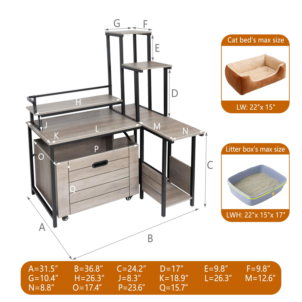 Cat Litter Box Enclosure Furniture with 3-Tier Storage Shelves, Wooden Large Hidden Litter Box Furniture, Modern Style Cat Washroom with Metal Frame Cat House Doppeltcharms