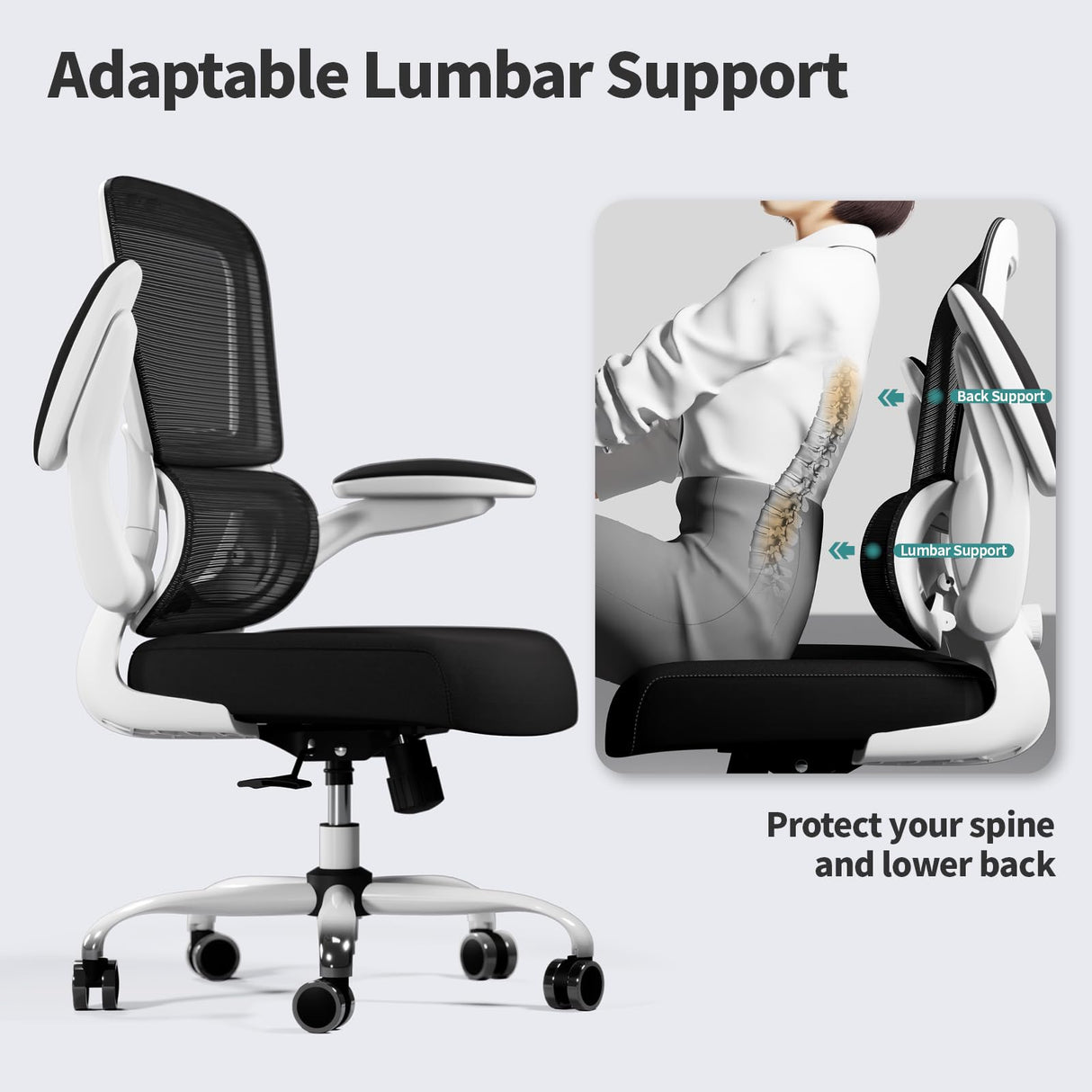 TRALT Office Chair - Ergonomic Desk Chair with Adjustable Lumbar Support, Mesh Computer Chair, Executive Chair for Home Office Comfortable Lumbar Support (White+Black) TRALT