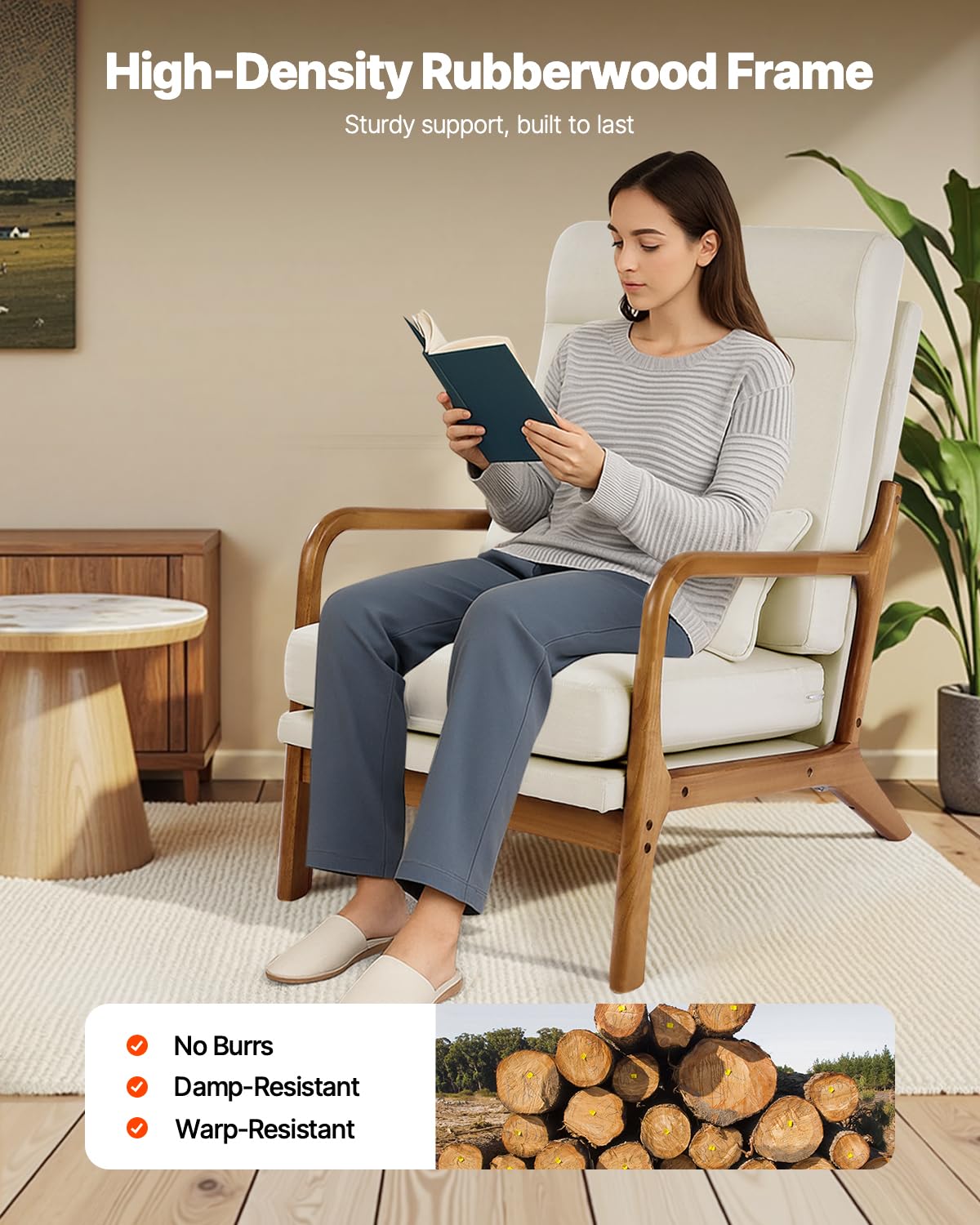 VEVOR Accent Chair, High Back Mid Century Modern Armchair with Solid Wood Frame and Non-Slip Legs, Upholstered Leisure Chair with Linen Fabric and 5.3 in Thickened Cushion, for Living Room, Bedroom VEVOR