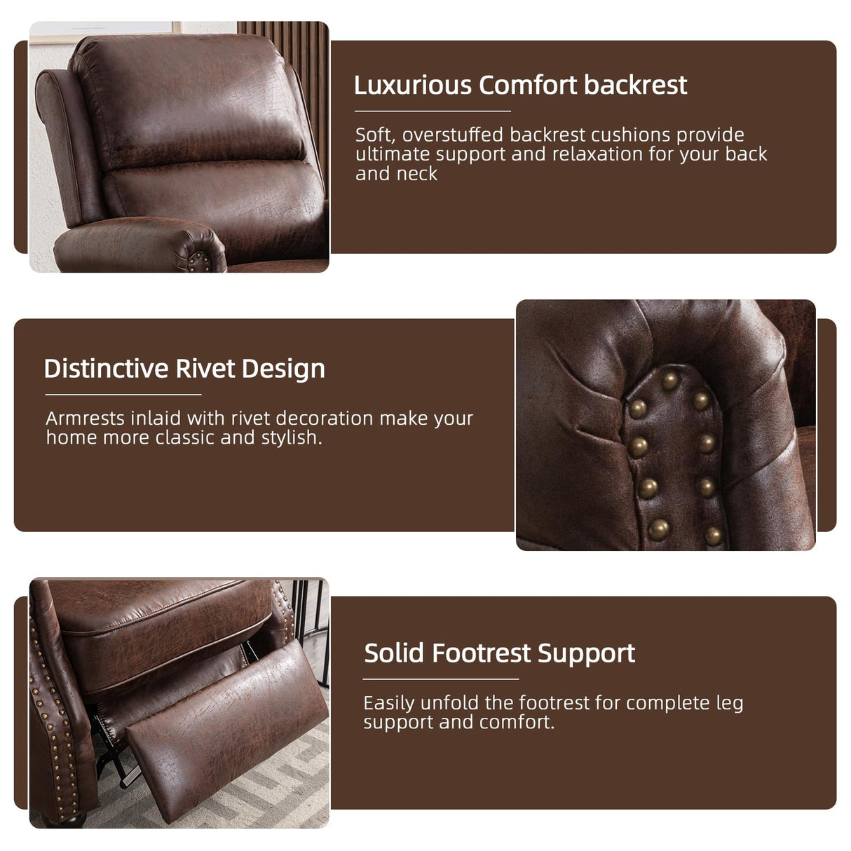IOMOR Push Back Recliner Chair Faux Leather Lounge Armchair with Rivet Decoration Wingback Single Sofa Chair with Padded Seat Solid Wood Legs for Living Room, Comfy Upholstered, Red Brown IOMOR