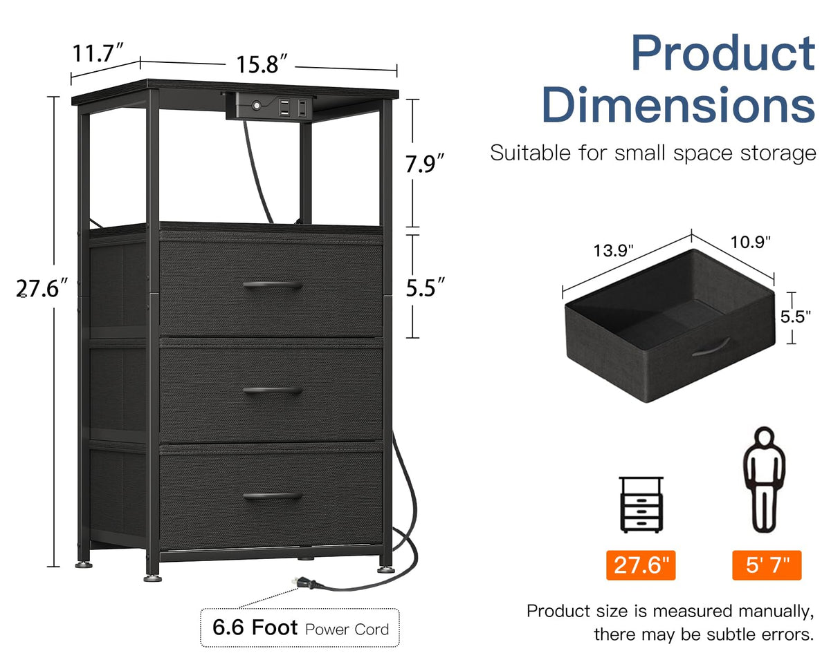 Casaottima BlackNight Stand with Light Strip andCharging Station — USB Ports & Power Outlets, Small Nightstand with 3 Fabric Drawers and Open Shelf, Bedside Table for Bedroom Casaottima