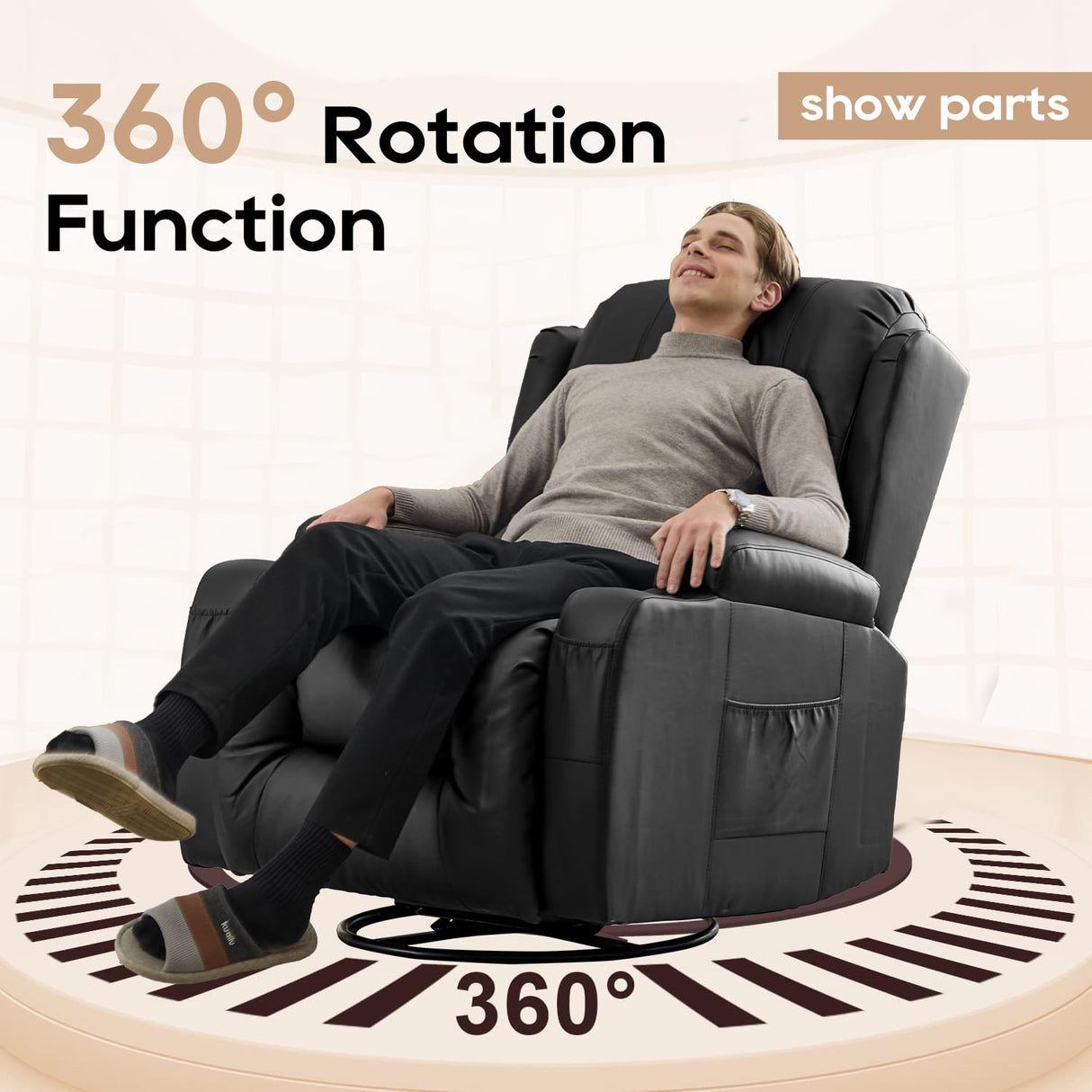 IPKIG Manual Swivel Rocker Recliner Chair with LED Lights, Side Pocket, Cup Holder, Dual-Use Pillow, Faux Leather Glider Rcking Chair Nursery for Living Room, Bedroom, Office, Black IPKIG