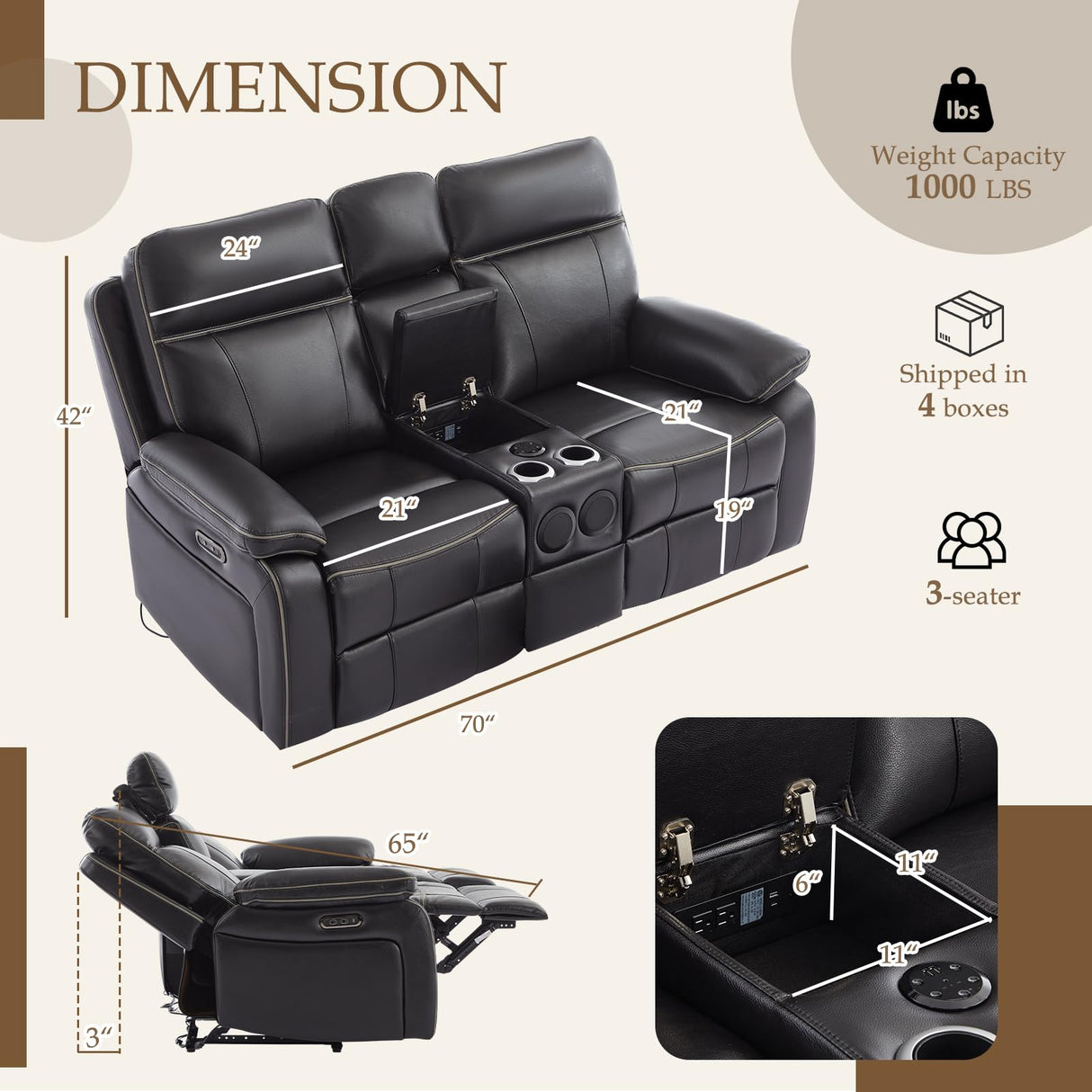 Neptane Power Reclining Loveseat with LED Reading Light/Bluetooth Speakers, Home Theater Seating Reclining Loveseeat with Console/Storage Drawer/Outlets, Power Loveseat Recliner Sofa (Black, Loveseat) Neptane