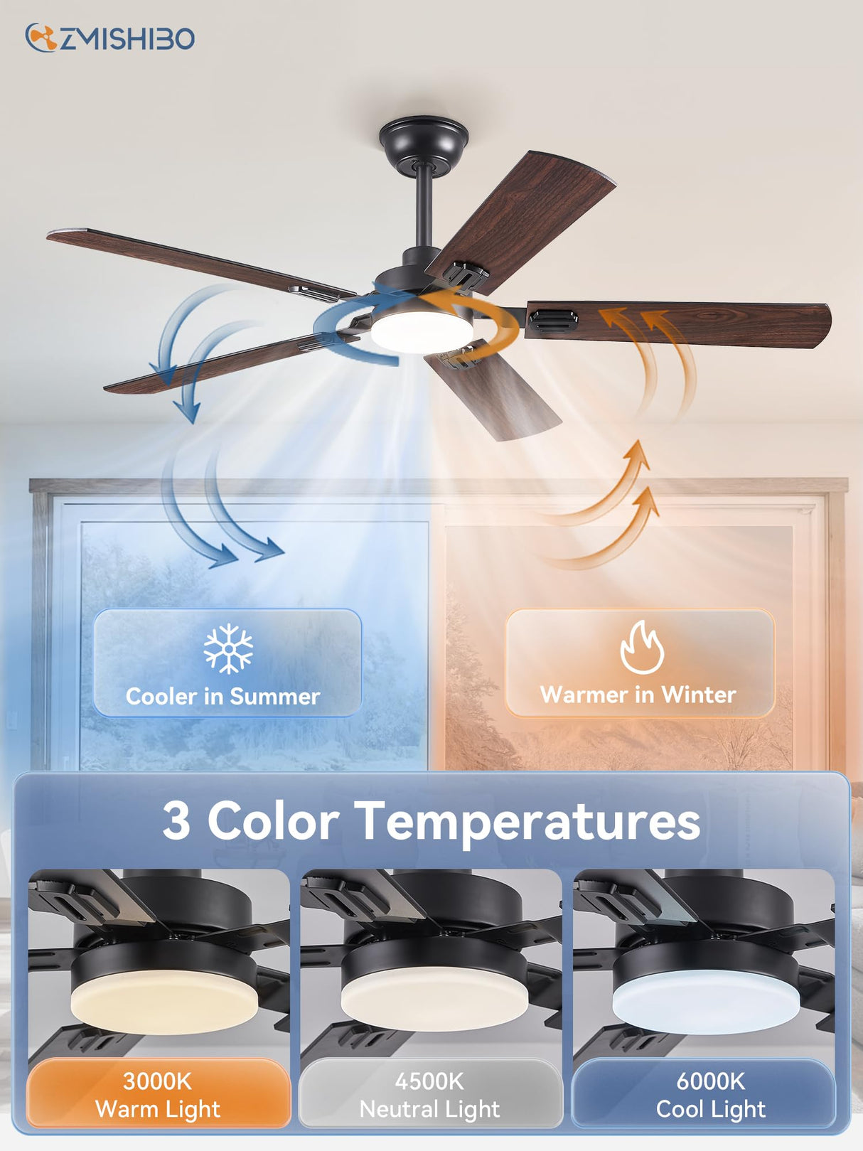 ZMISHIBO 52" Ceiling Fans with Lights, Black Modern Ceiling Fan with Remote, Farmhouse Indoor Ceiling Fan with Dual Finish Blades, Quiet & Strong Motor, Bright LED Light. ZMISHIBO