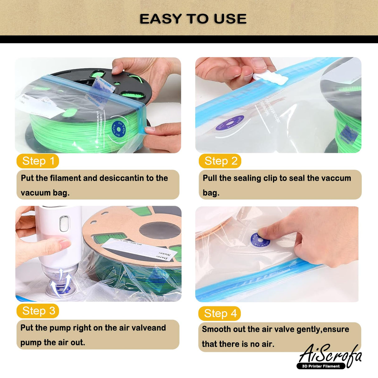 AiScrofa Filament Storage Bag Vacuum Kit with Two Sizes - 39 PCS Cleaning Drying Sealed 25 Bags for 3D Printer Filament with Desiccants/Humidity Indicator (Automatic Pumps Vacuum Bags Kit 25 Pack) AiScrofa