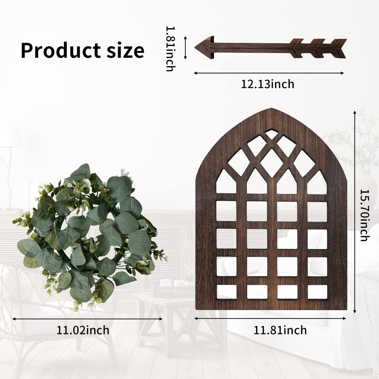 WAKOSAN Rustic Wood Window Frame with Green Wreath and Arrows Wall Decor,Farmhouse Wall Decor, Wooden Fake Window Decoration,Window Pane Wall Decor,Set of 2 (windows brown) WAKOSAN